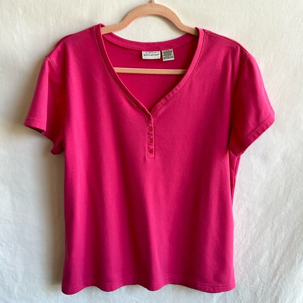 White Stag hot pink V-neck top with neckline buttons, size L